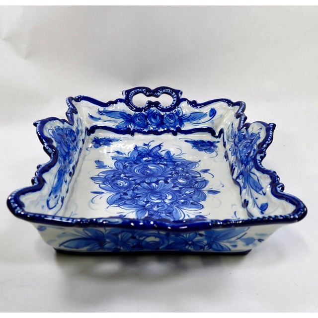 Mid 20th Century Vestal Alcobaca Portugal Blue and White Floral Handled Ceramic Serving Tray For Sale - Image 10 of 16