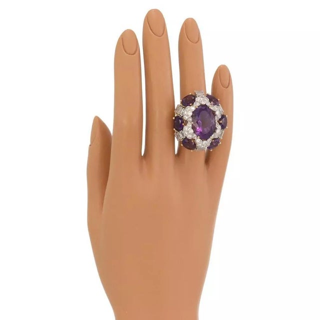 Estate 4ct Diamond Amethyst 18k Gold Large Cocktail Ring Size 5.5 For Sale - Image 4 of 4