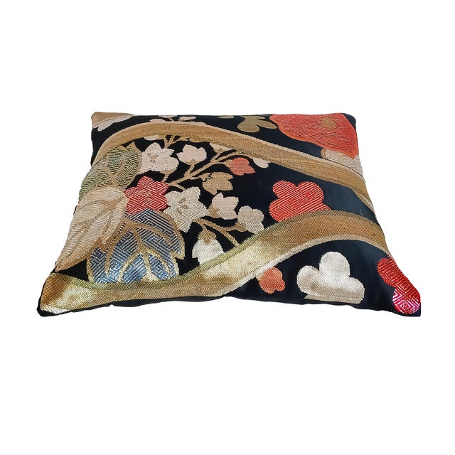 Black Early 20th Century Japanese Silk Obi Accent Pillow For Sale - Image 8 of 17