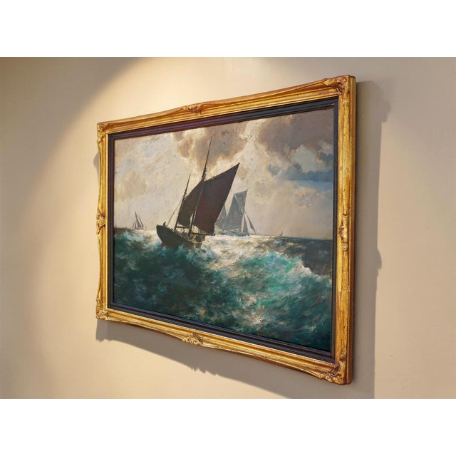 Antique Oil Painting: Sailboats in a Storm An elegant and dynamic example of maritime realism by Franz Müller-Gossen. This...