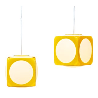 Space Age Yellow Model Dice Ceiling Lamps by Lars Schöler for Hoyrup Lamper, 1970s, Set of 2 For Sale