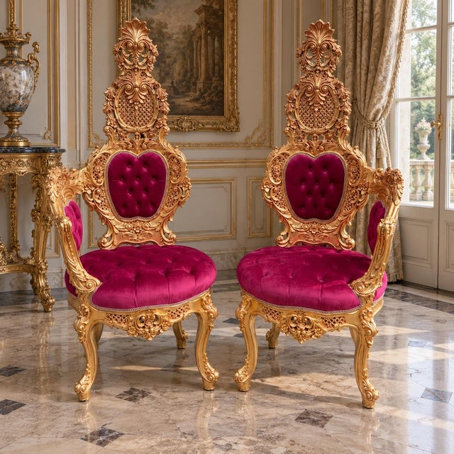 This dramatic pair of 1970s Italian Baroque Revival chairs combines monumental proportions, richly carved solid beechwood...
