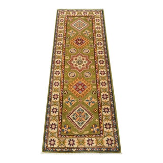 Kazak Runner 2’1” X 5’11” Green Wool Tribal Hand-Knotted Oriental Rug For Sale
