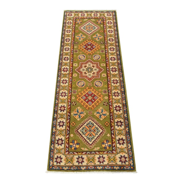 Kazak Runner 2’1” X 5’11” Green Wool Tribal Hand-Knotted Oriental Rug For Sale
