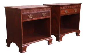 Baker Furniture Chippendale Carved Mahogany Nightstands, Newly Refinished
