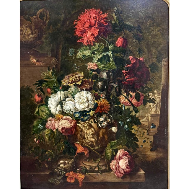 Wood Floral Still Life Oil Painting, After Jan Van Huysum, Dutch (1682-1749) For Sale - Image 7 of 13
