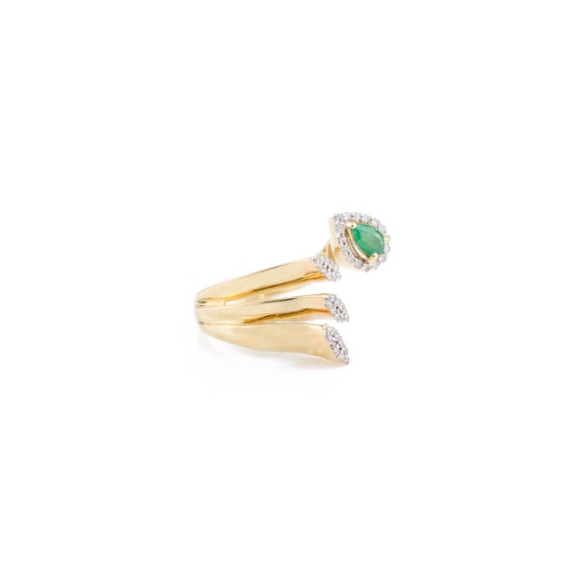 Not Yet Made - Made To Order Pear Shape Emerald & Halo Diamond Open Wrap Ring Size 5 For Sale - Image 5 of 11