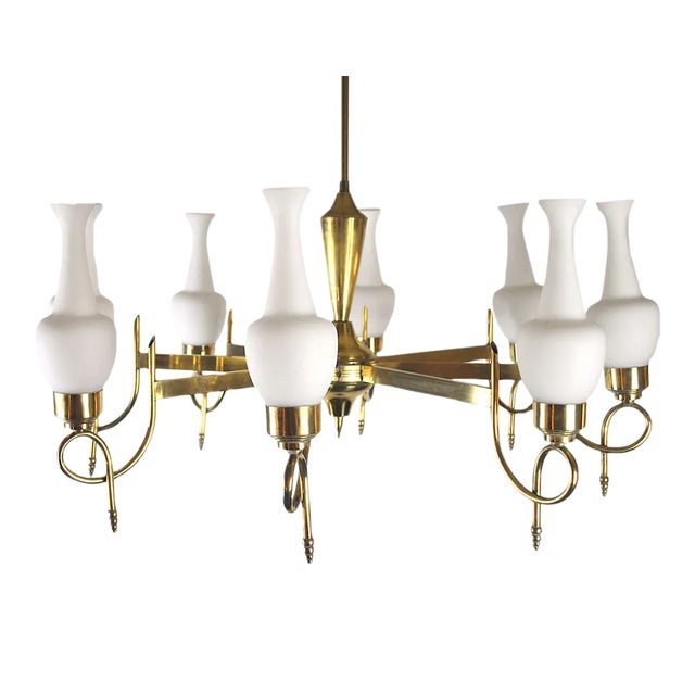 Mid-Century Brass and Opaline Glass Chandelier, 1950s For Sale