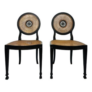 Pair of Mid 20th Century Italian Neoclassical Style Walnut & Cane Chairs With Medallion Backs For Sale