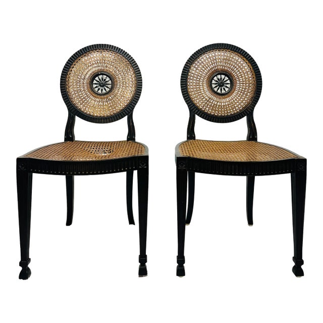Pair of Mid 20th Century Italian Neoclassical Style Walnut & Cane Chairs With Medallion Backs For Sale