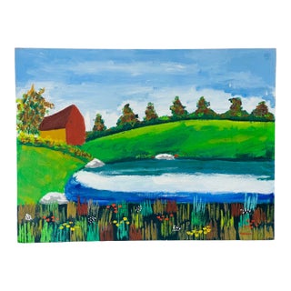 1960s Impressive Bright Naive Folk Art Rural American Landscape Painting Signed For Sale