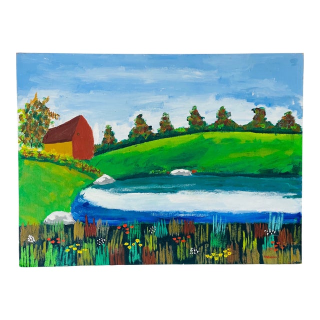 1960s Impressive Bright Naive Folk Art Rural American Landscape Painting Signed For Sale