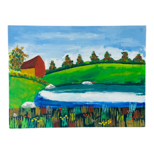 1960s Impressive Bright Naive Folk Art Rural American Landscape Painting Signed