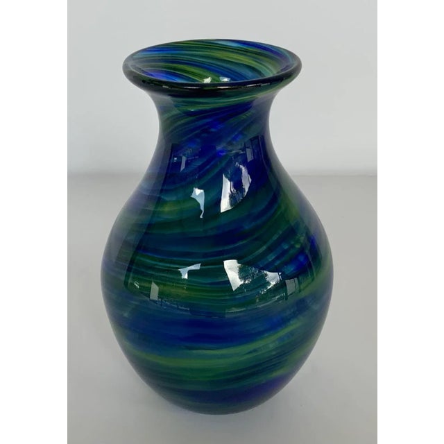2010s Modern Blue and Green Swirl Art Glass Vase For Sale - Image 5 of 5