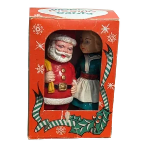 Vintage Mommy Kissing Santa Plastic Figures With Box - Set of 2
