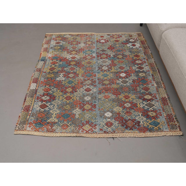 1970s Vintage Handmade Wool Cotton Blue Area Rug For Sale - Image 4 of 11