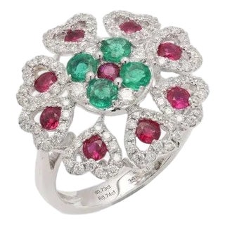 14k White Gold Emerald and Ruby Floral Cocktail Ring With Diamonds Size 4 For Sale