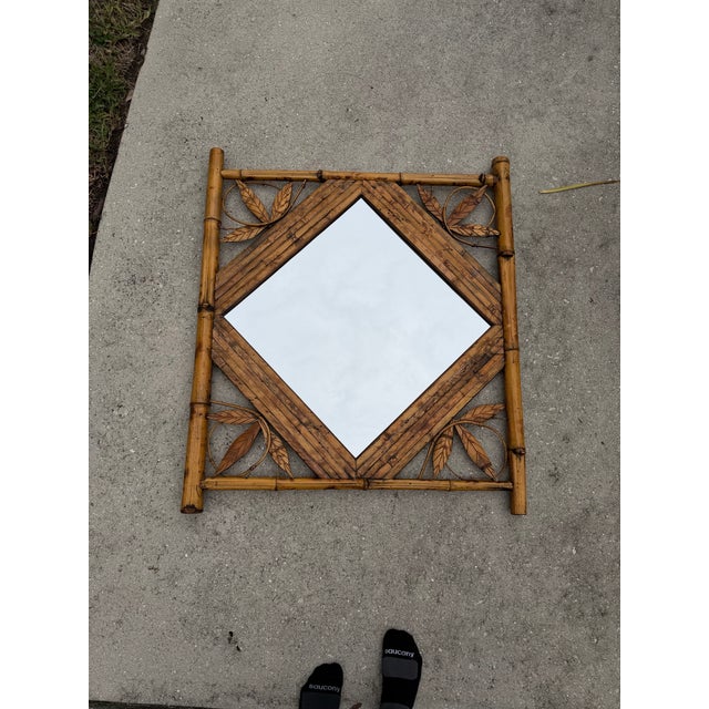 Vintage Bamboo & Rattan Leaf Motif Wall Mirror For Sale - Image 9 of 11