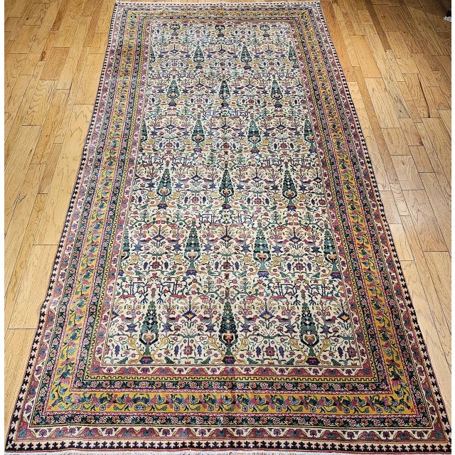 Textile Antique Indian Agra Rug, Hand-Knotted Wool, Tree of Life Design, Ivory & Yellow, 8x15 For Sale - Image 7 of 15