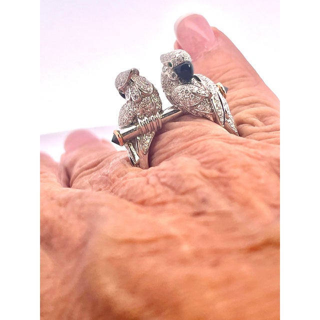 18k Gold Double Parrot Cocktail Ring With Diamonds and Onyx, France, Size 6.5 For Sale - Image 11 of 12