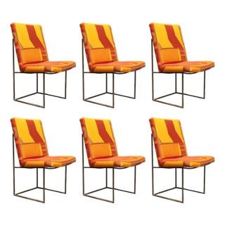 Mid-20th Century Bronze Thin Frame Chairs Attributed to Milo Baughman in Jack Lenor Larsen Upholstery For Sale
