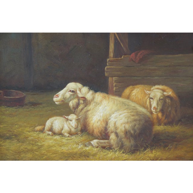 Enoch 20the Century Oil Painting on Canvas Resting Sheep in a Barn Rococo Frame 26" For Sale - Image 4 of 10