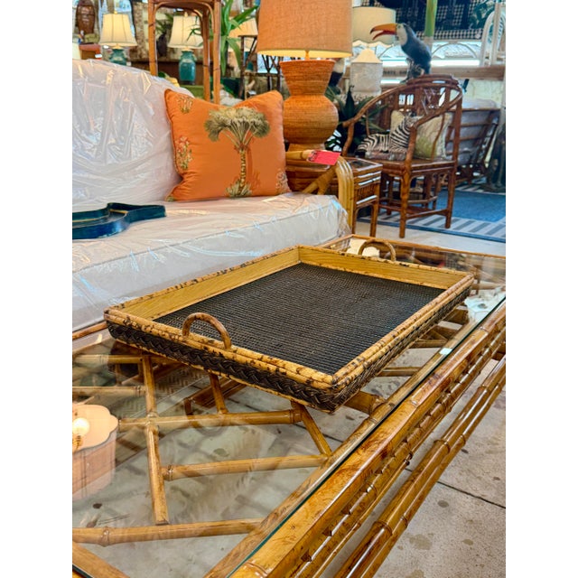 Vintage Scorched Bamboo and Woven Rattan Serving Tray For Sale - Image 12 of 12