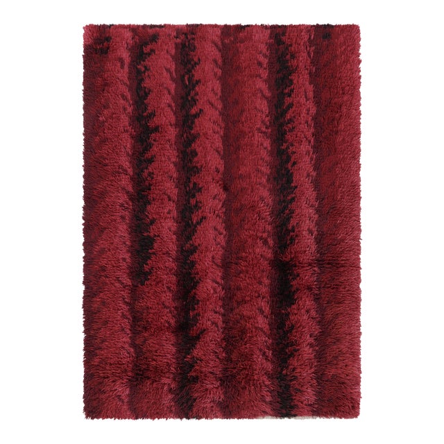 Vintage Swedish Rya Rug, Bold Scandinavian Strips in Rich Red - Rug & Kilim For Sale