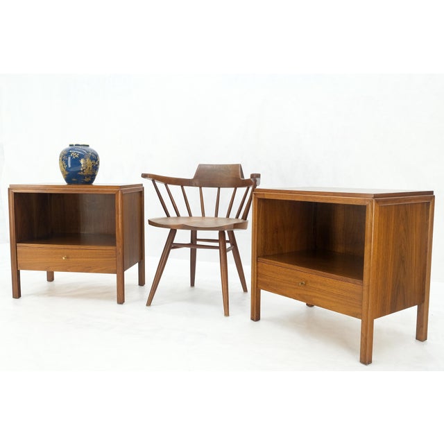 Pair Finished Back Danish Mid Century Modern One Drawer Walnut Night Stands MINT For Sale - Image 10 of 18