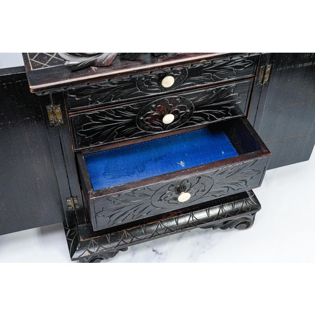 19th Century 19th Century Hand Carved Wood Miniature Cabinet Chest of Drawers Victorian Jewelry Keepsake Storage For Sale - Image 5 of 17
