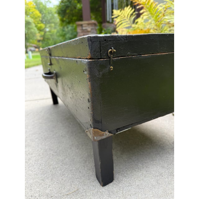 Rustic Black Painted Wood Tool Storage Bench Coffee Table For Sale - Image 4 of 13