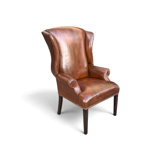 Pair of Vintage Cognac Leather Wingback Chairs With Louis XVI–Style Fluted Legs For Sale - Image 4 of 11