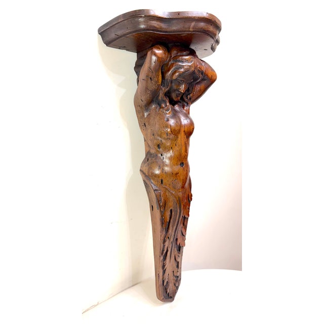 Huge Antique Hand Carved Wood Oak Figural Nude Lady Woman Wall Shelf Sculpture For Sale - Image 9 of 16
