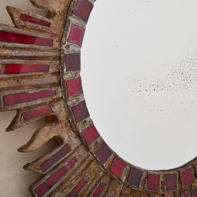 Mid 20th Century French Sunburst Wall Mirror with Red Talosel Inlay by Irena Jaworska, 1960s For Sale - Image 5 of 10