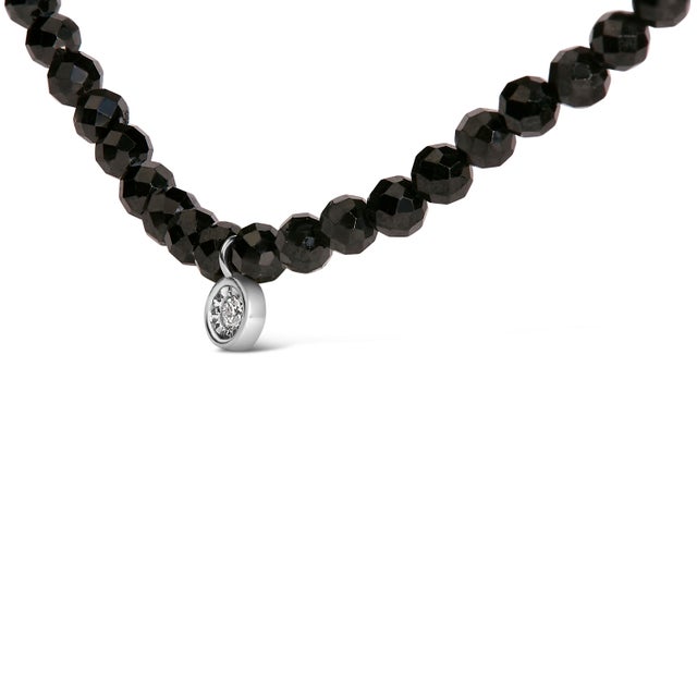 Haus of Brilliance Sterling Silver Diamond Accent Black Spinel Bead Station Necklace For Sale - Image 4 of 4
