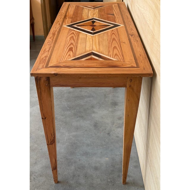 Late 20th Century Geometric Marquetry Console Sofa Table with Tapered Legs For Sale - Image 9 of 18