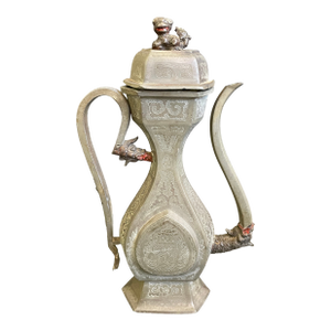 Late Qing Chinese Pewter Engraved Wine Ewer Pot With Foo Dog Finial & Dragon Accents