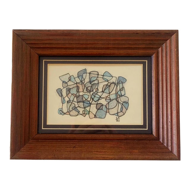 "Tiny Blue Abstract" Is a Wood Framed and Matted, Pencil Drawing 2021 by Lynn Christian. For Sale