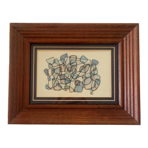 "Tiny Blue Abstract" Is a Wood Framed and Matted, Pencil Drawing 2021 by Lynn Christian.