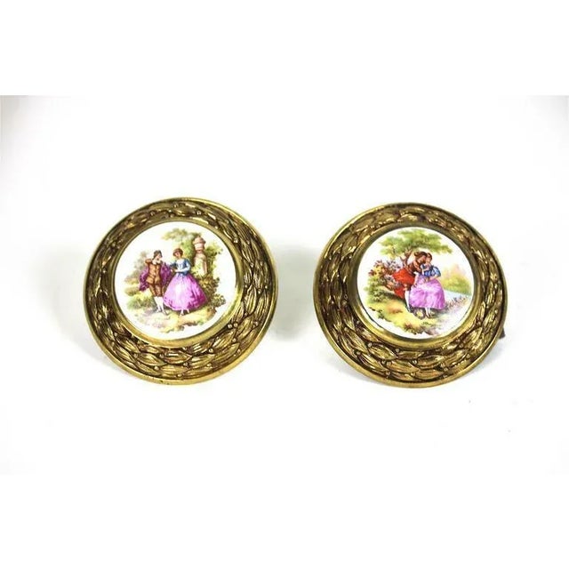 Early 20th Century Porcelain Fragonard Aged Brass Pulls & Tie Backs With Two-Drawer Pulls - 4 Pieces For Sale - Image 4 of 8
