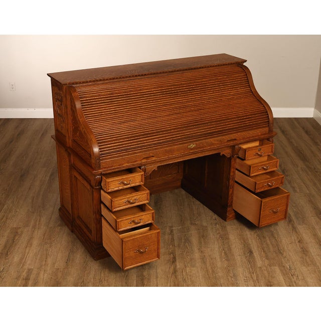 Exceptional Antique Quarter Sawn Oak Roll Top Desk With Carved 'Reading Hardware Co." Crest Panel For Sale - Image 17 of 18