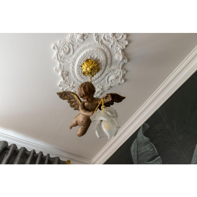 Metal French Art Nouveau Cherub Pendant Light in Carved Wood & Frosted Glass, 1920 For Sale - Image 7 of 18
