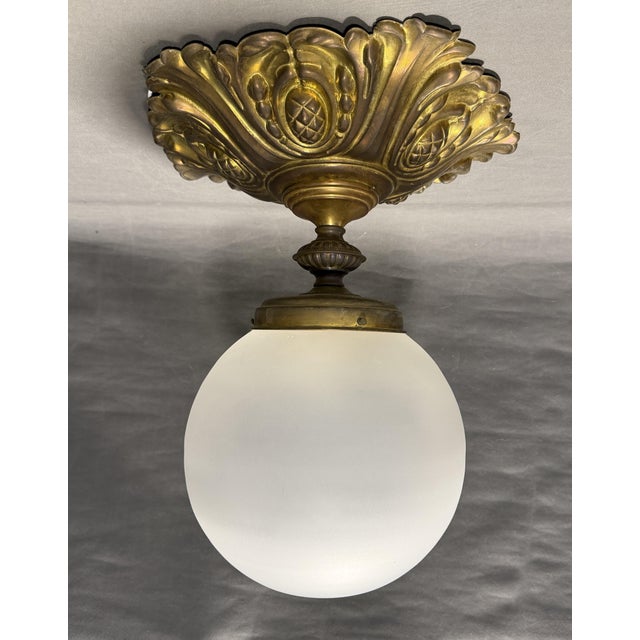 Art Nouveau Brass and Glass Globe Ceiling Lamp, Paris, France, 1910s For Sale - Image 3 of 9