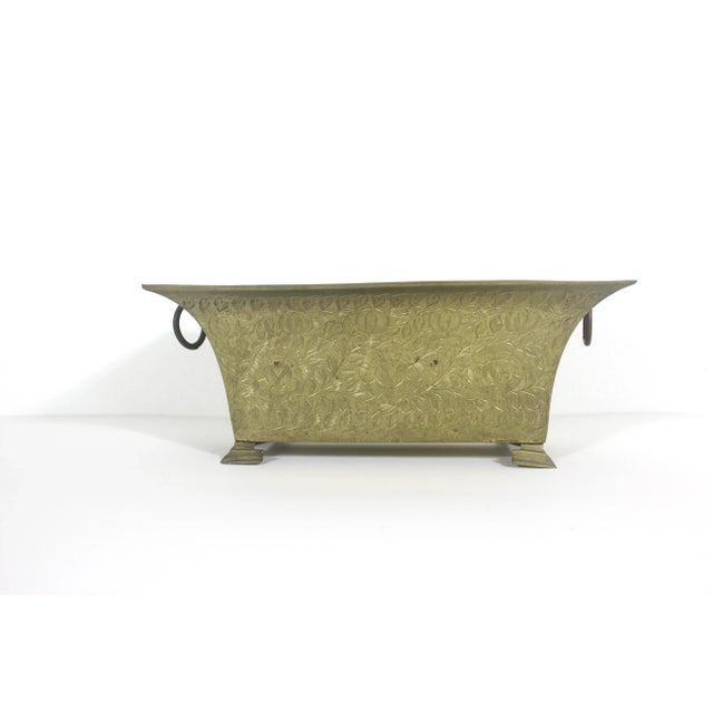 Mid 20th Century Vintage Etched Brass Footed Indoor Planter Jardinière With Handles For Sale - Image 5 of 11