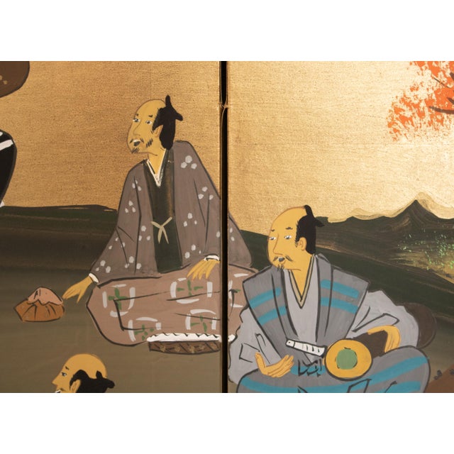 1960s Shōwa Era Japanese Byobu Screen "Autumn Festival Scene by the Bridge" For Sale - Image 4 of 17