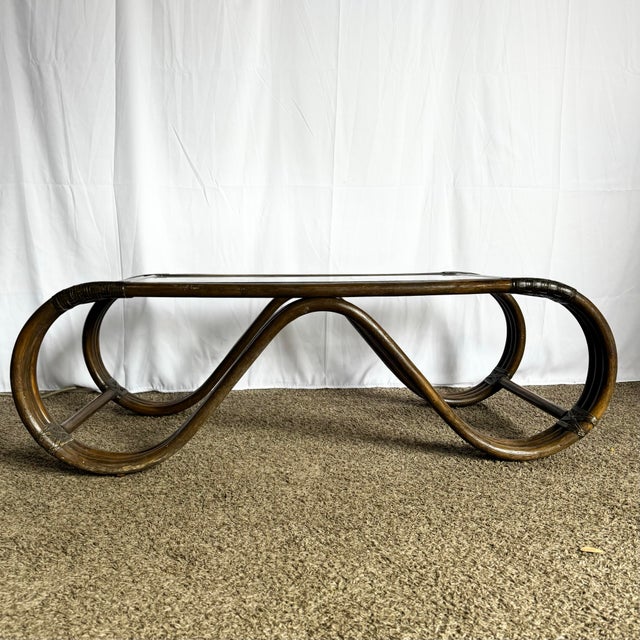 Boho Chic Boho Chic Rattan and Leather Weave Sculpted Coffee Table For Sale - Image 3 of 12