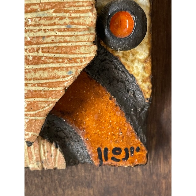 Impressive abstract polychrome ceramic framed and signed lower right. Mid century modern decor.