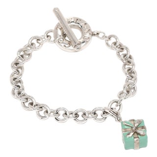Tiffany & Co Turquoise Present Charm Bracelet, Sterling Silver, Length 7.25 In For Sale