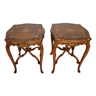 1930s French Louis XV Walnut & Satinwood Inlay Pair Side Tables / End Tables Tables For Sale