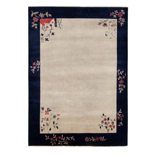 Textile Vintage Chinese Deco Style Rug, Off-White Field, Blue Border, Red Green Florals For Sale - Image 7 of 7